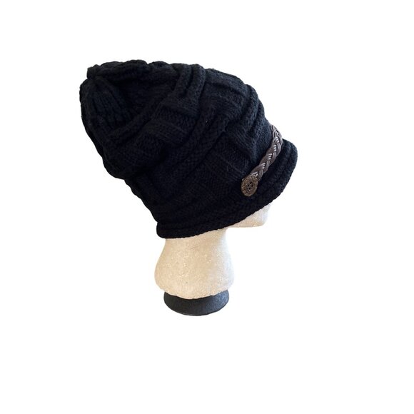 Black beenie toboggan hat with brown beading and buttons in front - Picture 2 of 7